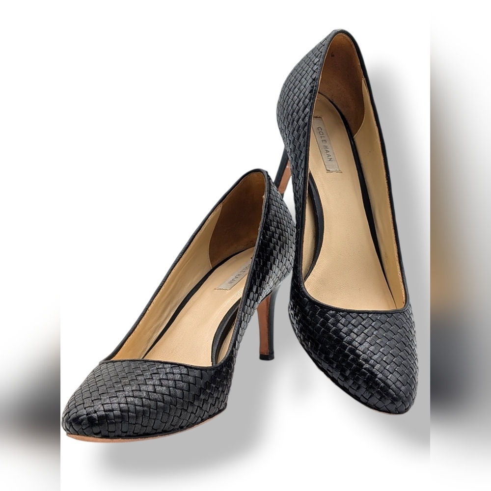 Cole Haan Grand.OS Women's Size 8B Woven Genuine Black Leather Heels Closed Toe - Picture 9 of 17